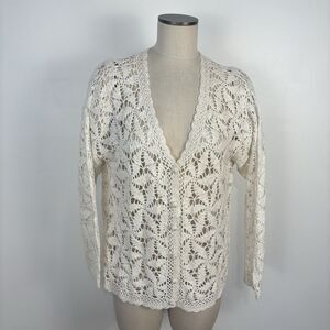 VTG Erika Womens Large Cream Ivory Button Crocheted V-Neck Cardigan Romantic